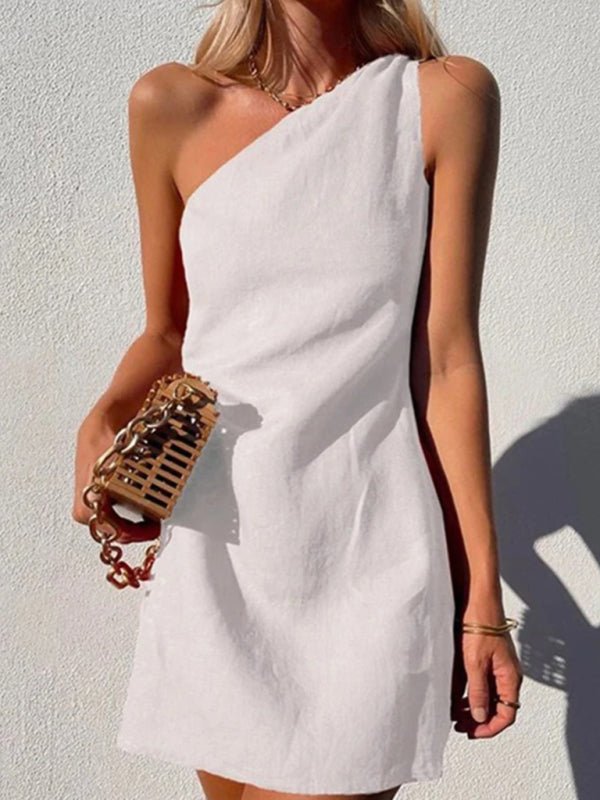 New casual solid color slant shoulder dress - Nightout dress